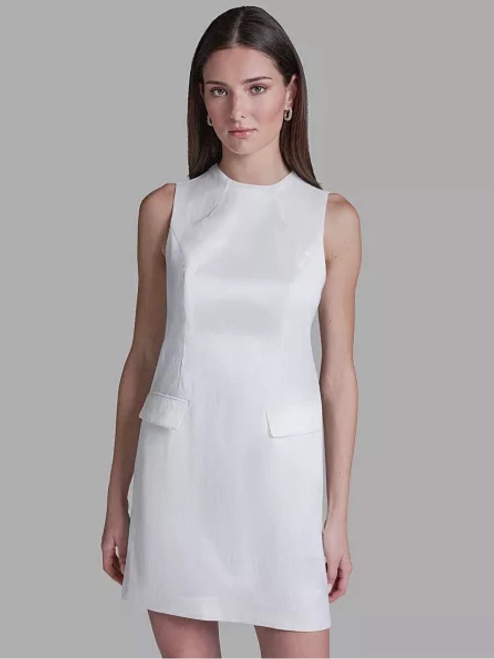 BCBG Sleeveless White Mini Dress with Pocket Flaps